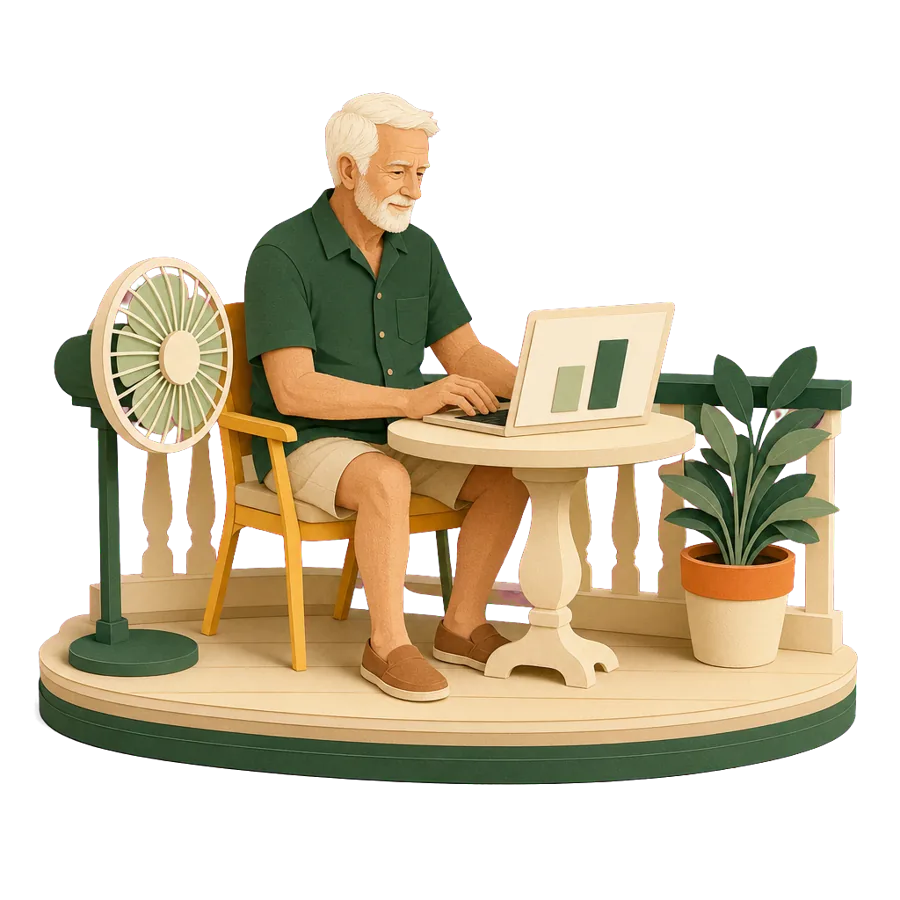A man in his early 70s on a balcony checking his budget for living overseas on the Age Pension base rate