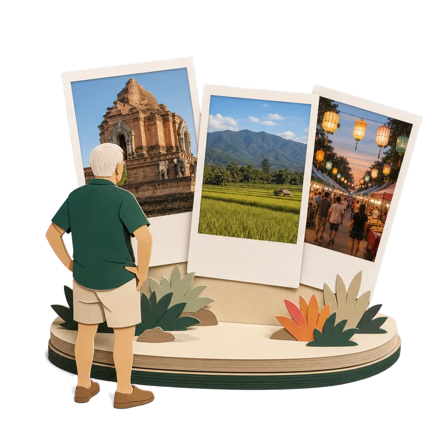 A man in his early 70s looking at photos of Chiang Mai, thinking about moving overseas for good on the Age Pension