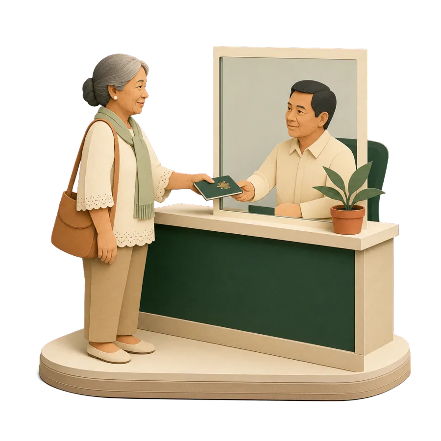 A woman in her late 60s at a visa counter asking about the money test for living overseas on the Age Pension