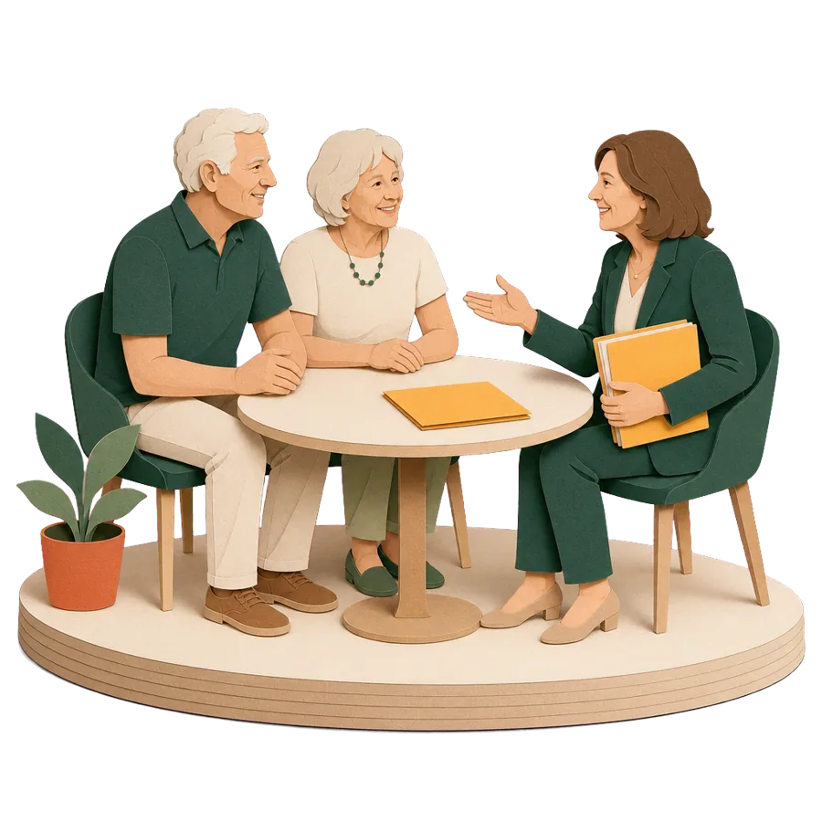 A couple in their late 60s with an insurance broker comparing a short and a longer trip before retiring overseas