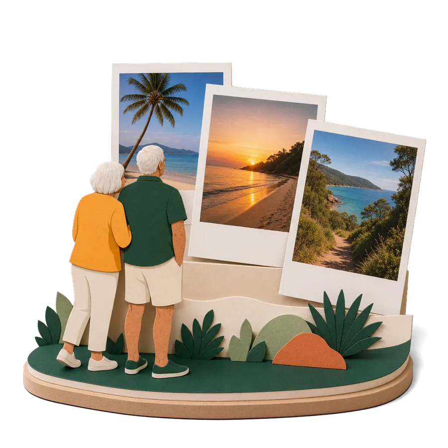 A couple in their late 60s looking at photos of beaches, one keen and one hesitant about retiring overseas