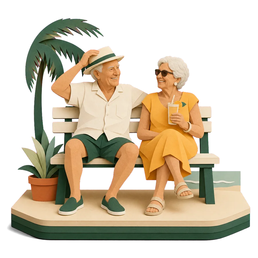 A couple in their late 60s relaxed on a seaside bench after a first short trial of retiring overseas