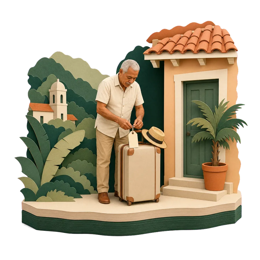 A retired man ties a blank tag on his suitcase by the door, for getting to Panama and coming home