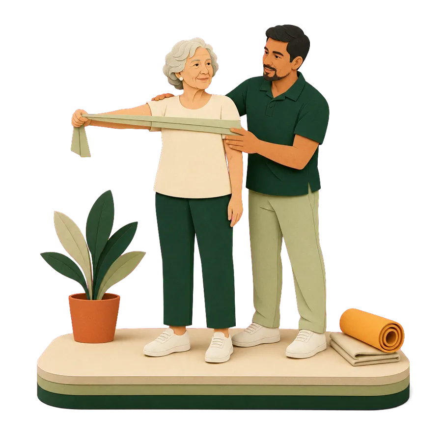 A physiotherapist guides a retired woman through a shoulder stretch, for health care in Panama