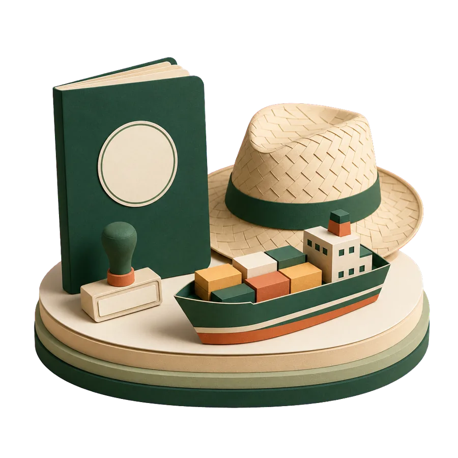 A generic passport with a blank stamp, a straw hat and a paper ship, for Panama visas for Australians