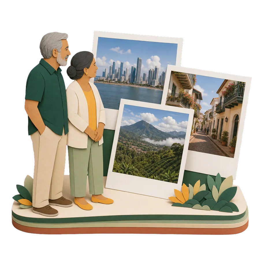 Retirees in Panama look at photos of the Panama City skyline, Casco Viejo and coffee farms at Boquete