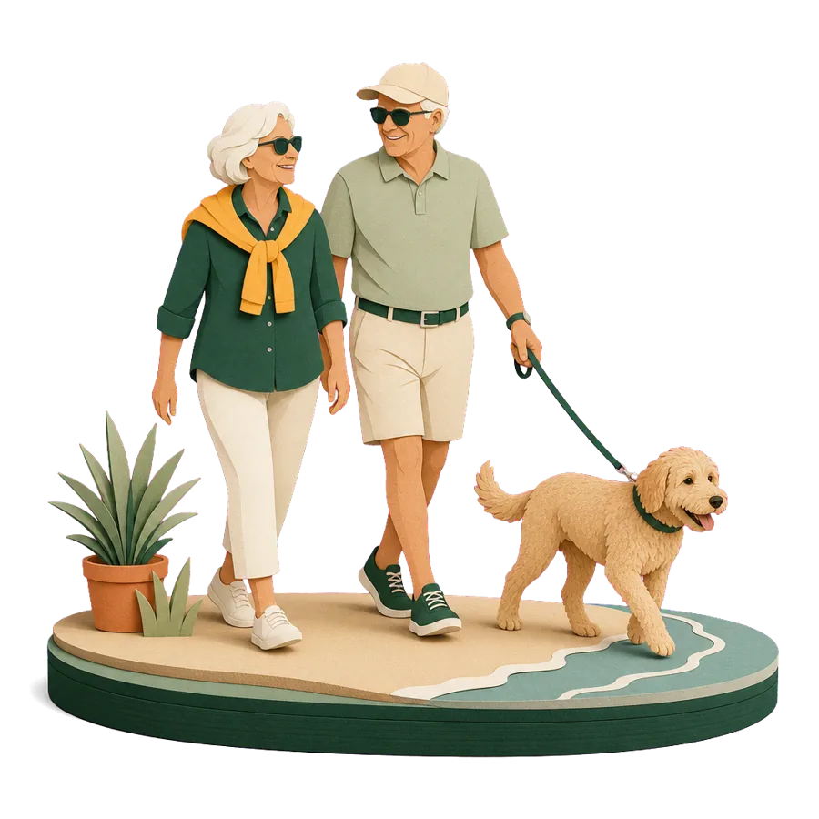 An older couple walk their dog along the sand at the water’s edge, for beach life after retiring to north Bali