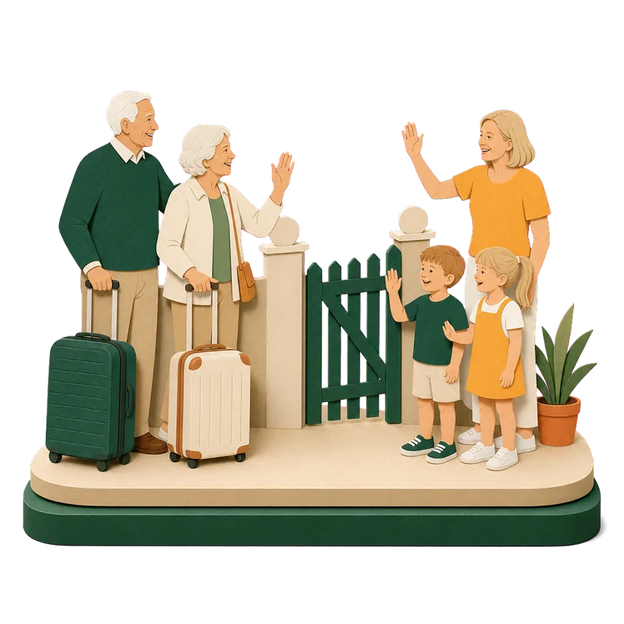 An older couple wave goodbye to their daughter and grandchildren, for leaving family behind to move to Bali
