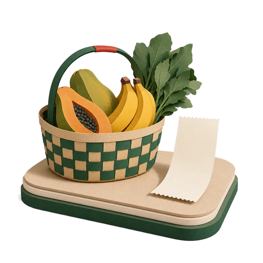 A woven basket of papayas, bananas and greens with a blank receipt, for weekly grocery costs in north Bali