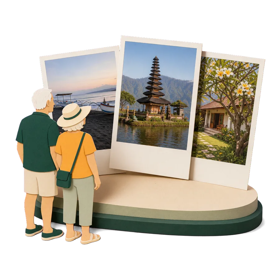 An older couple look at photos of Lovina beach, Ulun Danu Beratan temple and a beach garden in north Bali