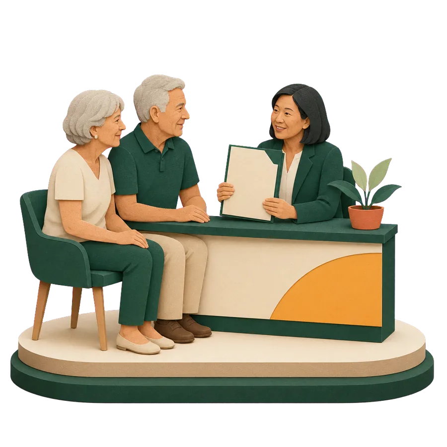 A couple around 70 asking an insurance broker about the per trip limit for spending part of the year overseas