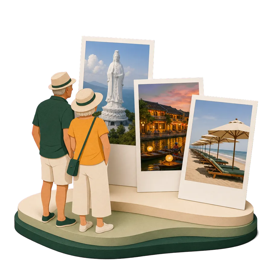 A couple around 70 looking at photos of Da Nang and Hoi An, planning a 12 week winter overseas each year
