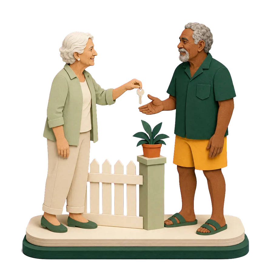 A woman around 70 giving her neighbour a spare key before spending part of the year overseas