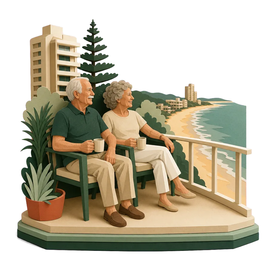 A retired couple sit on the balcony of a high-rise flat above the sea, for where Australians live in Jomtien