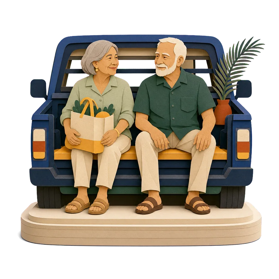 A retired couple ride in the back of a shared pickup taxi, for the cost of a month in Pattaya and Jomtien