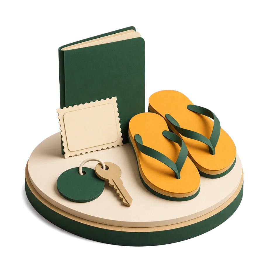A generic passport with a blank stamp beside a key and sandals, for visas for Australians in Pattaya