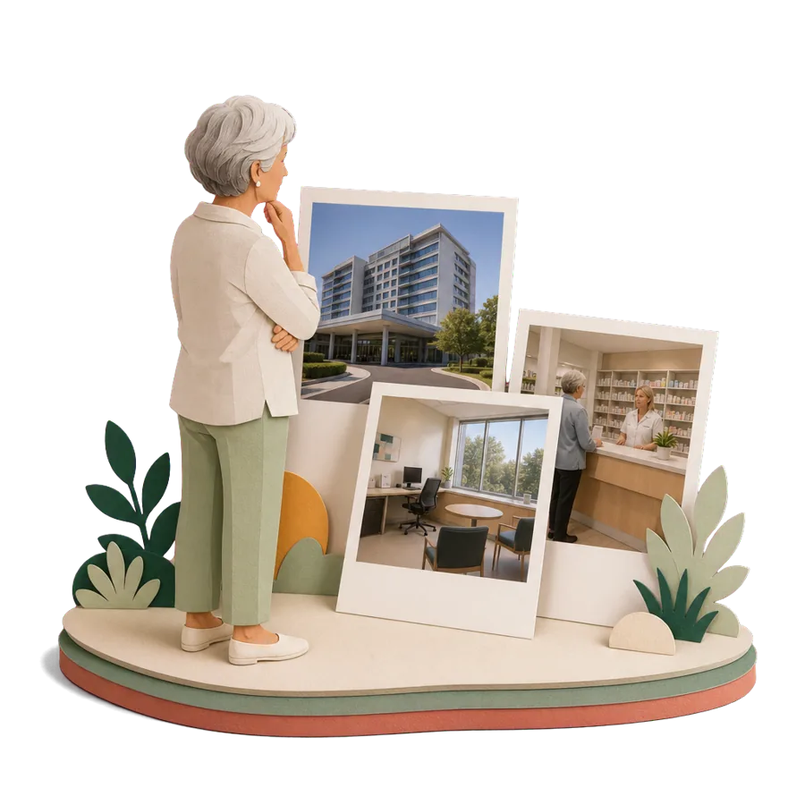 A retiree looks at photos of a hospital, a consulting room and a pharmacy, for health care in Pattaya