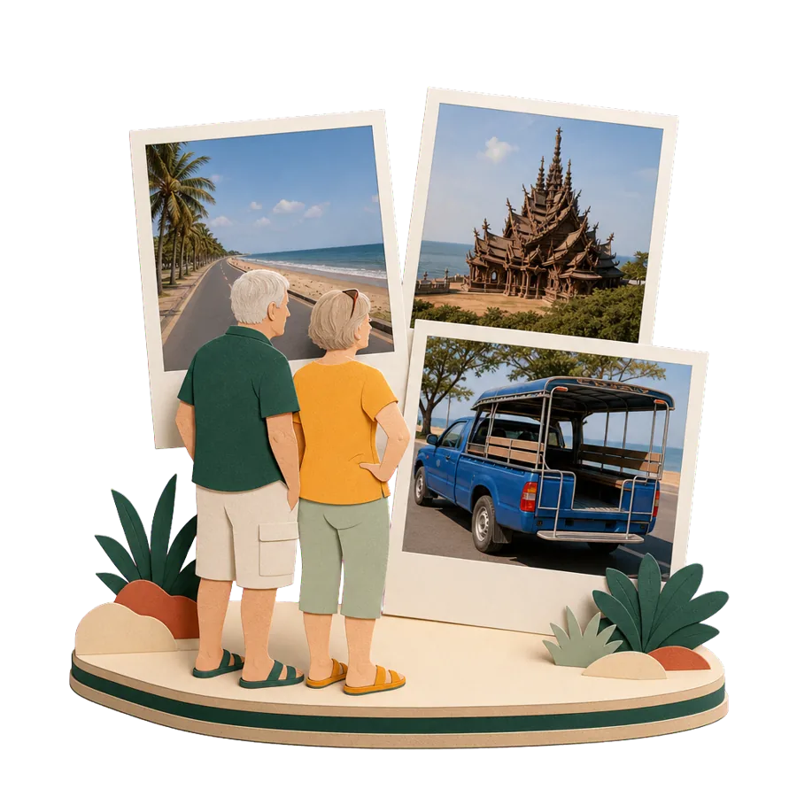 Retirees look at photos of Jomtien beach, a carved wooden temple by the sea and a shared pickup taxi
