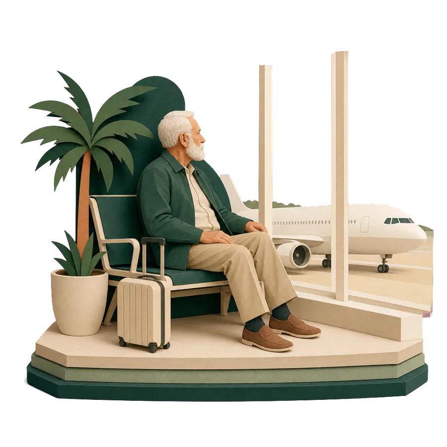 A retired man waits on an airport bench by a window with a plane outside, for getting to and from Penang