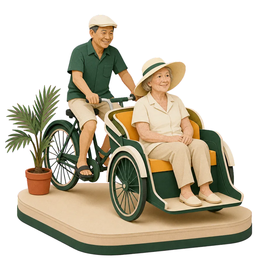 A retired woman rides in a bicycle trishaw pedalled by a local rider, for who Penang suits and what to weigh up