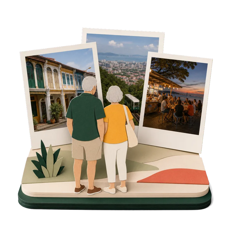 Retirees in Penang look at photos of George Town shophouses, the Penang Hill funicular view and Gurney Drive hawkers