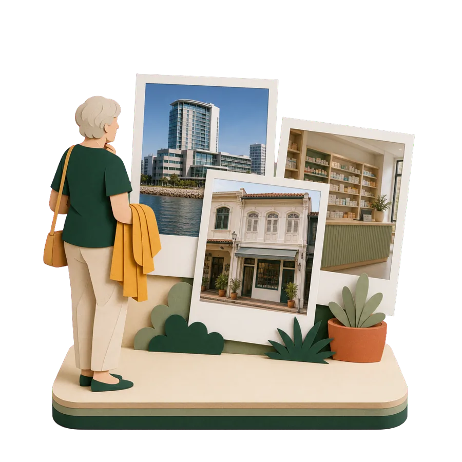 A retiree looks at photos of a private hospital in George Town, a shophouse clinic and a pharmacy in Penang