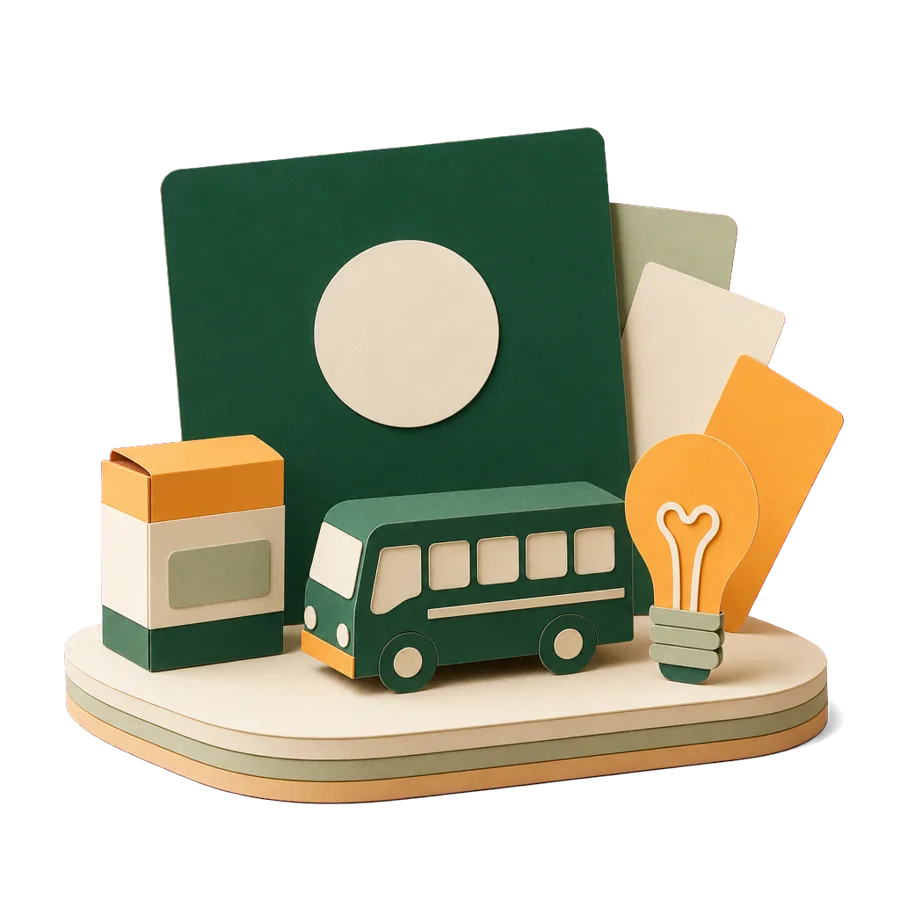A generic concession card with a medicine box, a bus and a light bulb, what the Pensioner Concession Card does at home