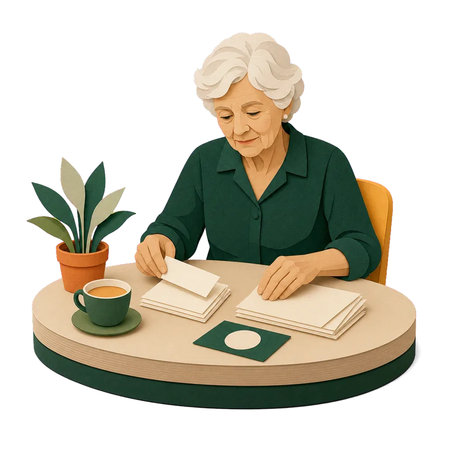 A woman in her early 70s sorts her bills at the kitchen table with her concession card before a long trip