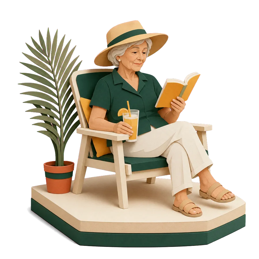 A woman in her early 70s on a verandah overseas, partway through a 10 week trip without her concession card