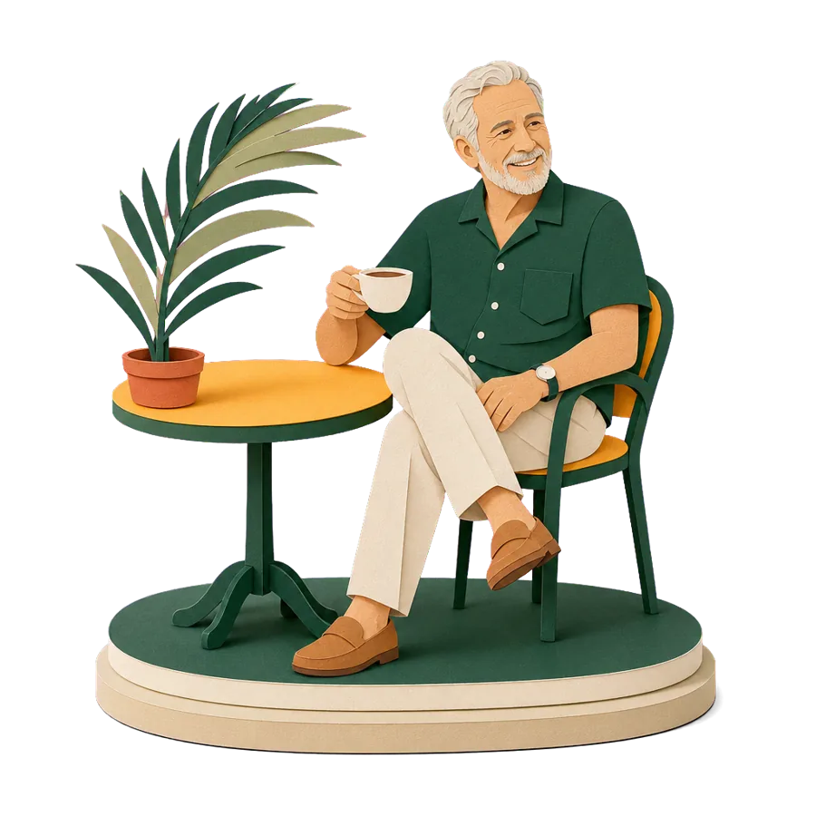 A retired man relaxes at a cafe table with a coffee, for affording small outings again on Phuket