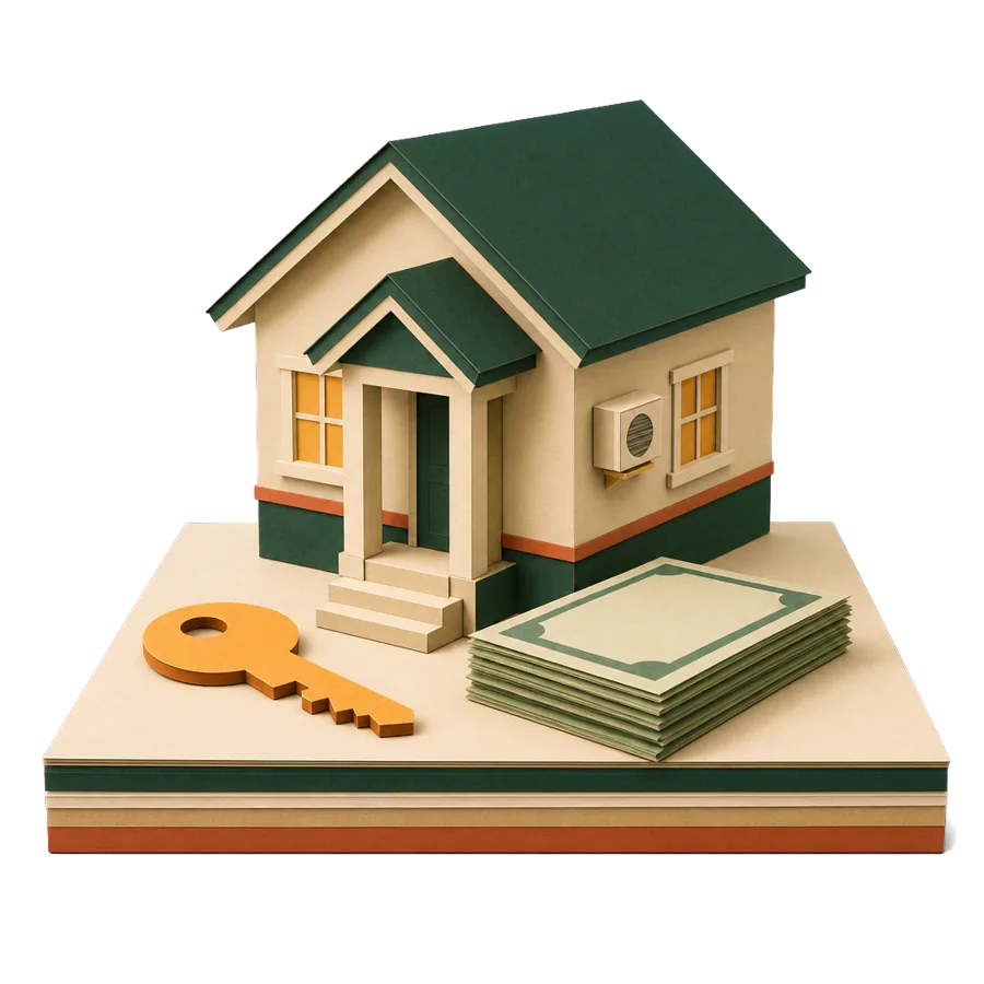 A small paper house, a key and plain banknotes, for lower rent on a two-bedroom house in Phuket