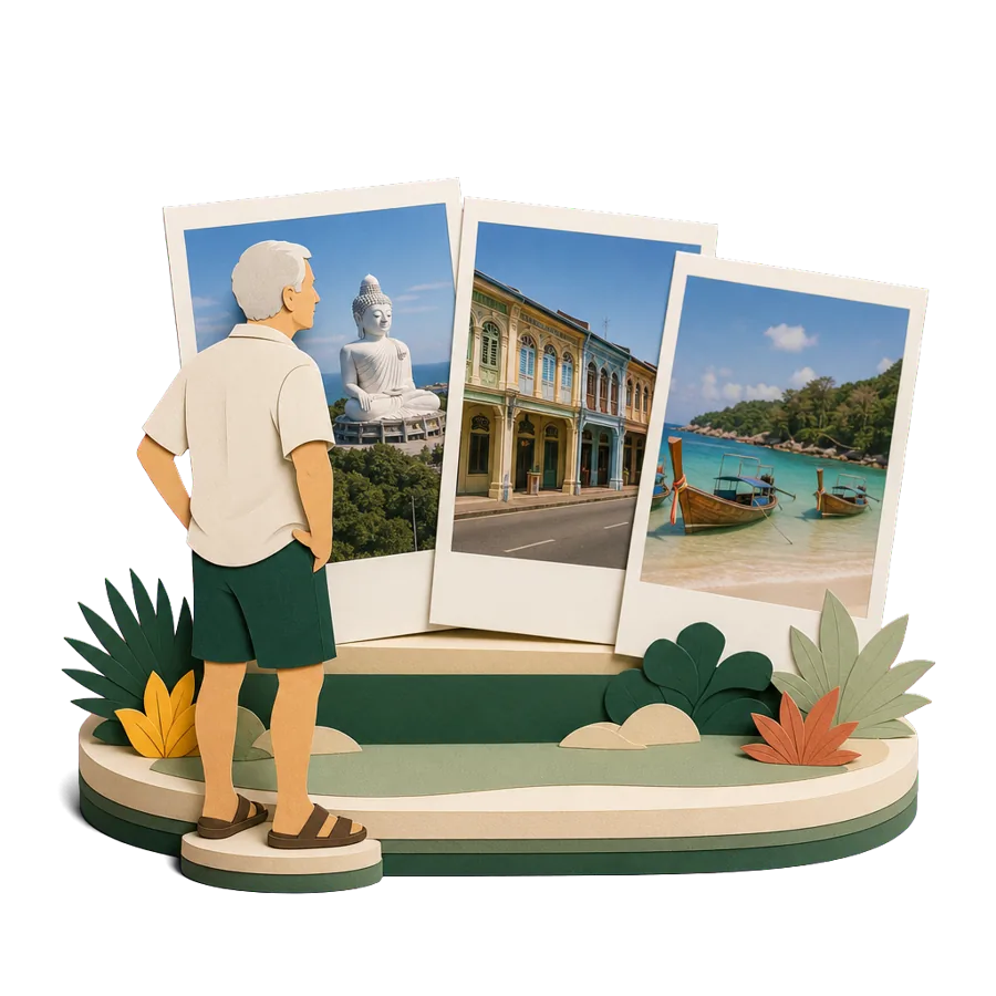 A retiree looks at photos of Phuket's Big Buddha, Phuket Old Town shophouses and Kata beach in Thailand