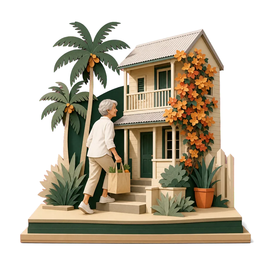 A retired woman carries shopping up to a small house with a bougainvillea, for where Australians live in the Philippines