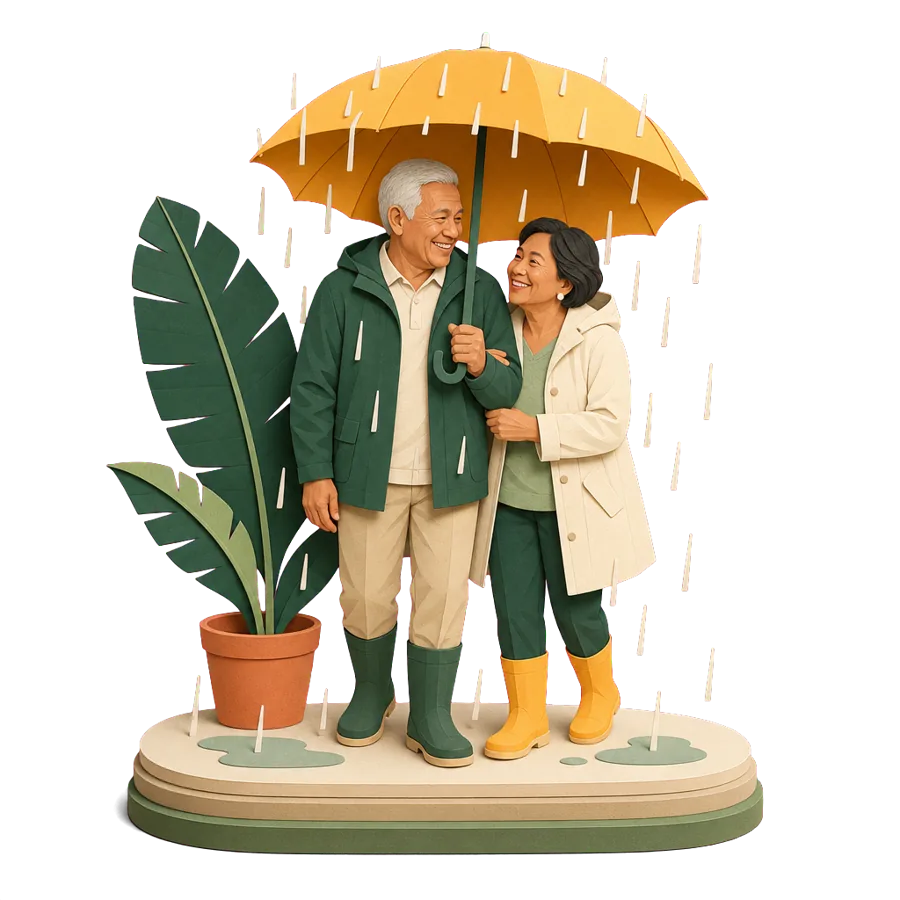 A retired couple share one umbrella in a tropical downpour, for who the Philippines suits and the wet season