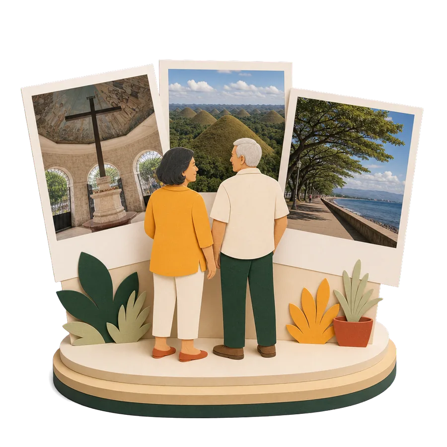 Retirees in the Philippines look at photos of Magellan's Cross in Cebu, the Chocolate Hills and Dumaguete's boulevard