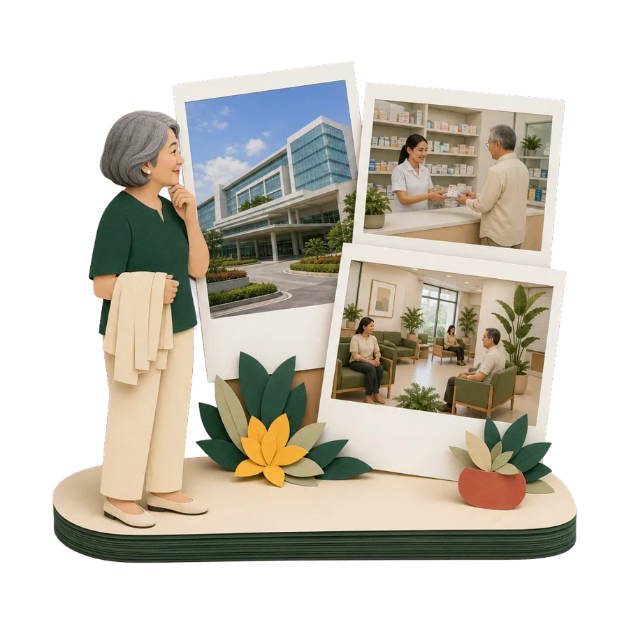 A retiree looks at photos of a private hospital in Metro Manila, a pharmacy and a clinic, for health care in the Philippines