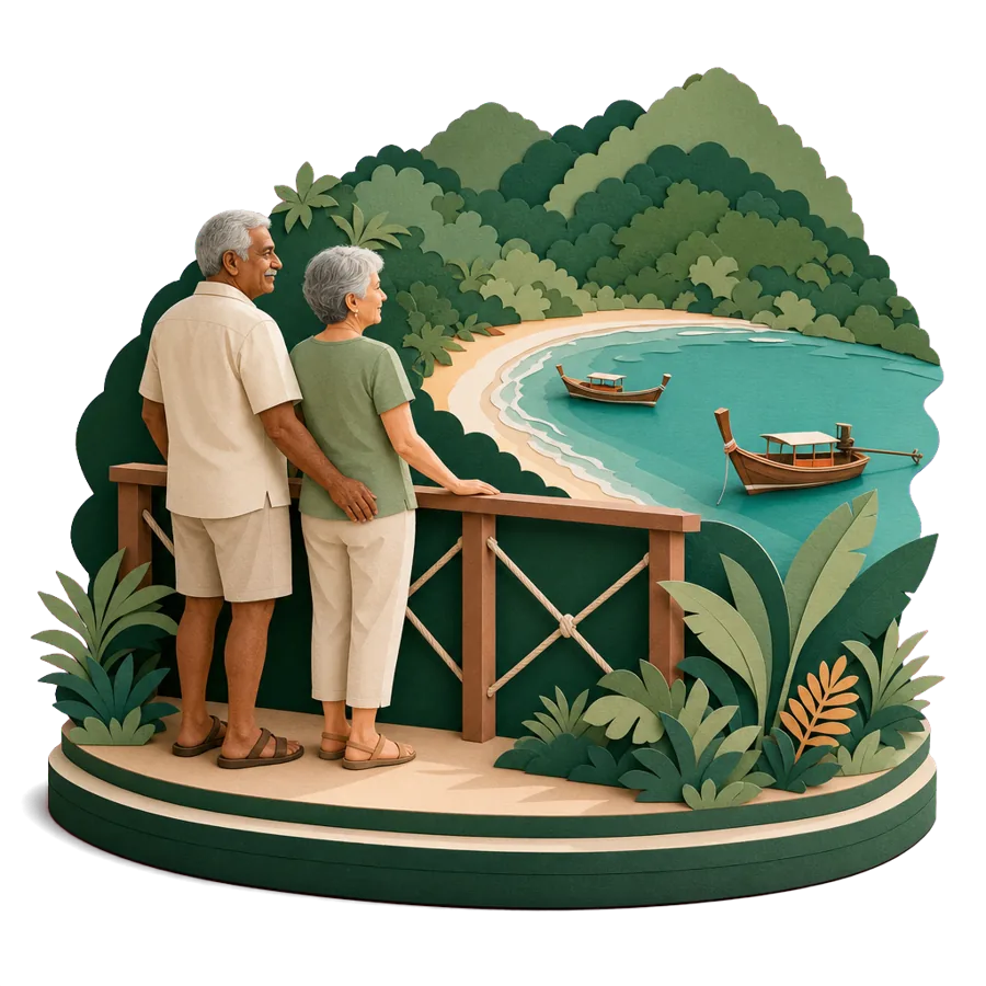 A retired couple look over a bay from a hillside balcony, for where Australians live in Phuket