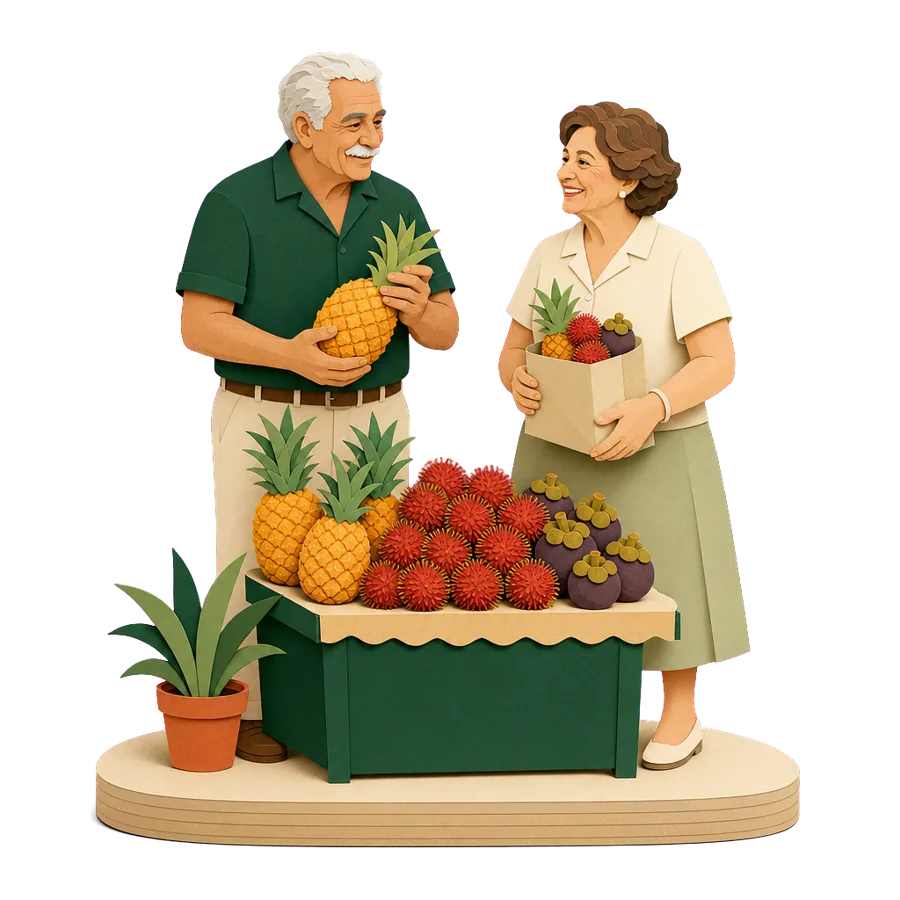 A retired couple buy pineapples and rambutans at a market stall, for the cost of a month in Phuket