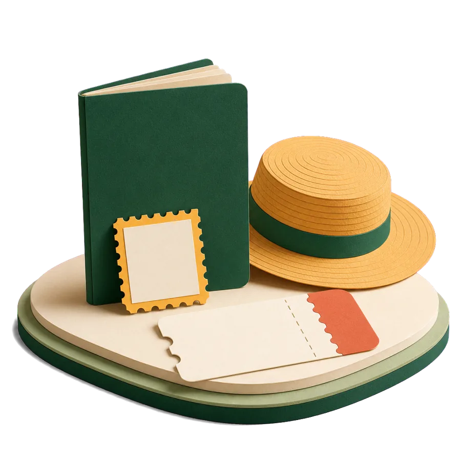 A generic passport with a blank stamp beside a sun hat, for visa rules for Australians in Phuket