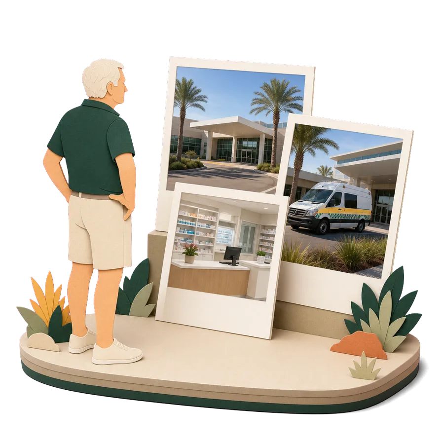 A retiree looks at photos of a private hospital, an ambulance and a pharmacy, for health care in Phuket