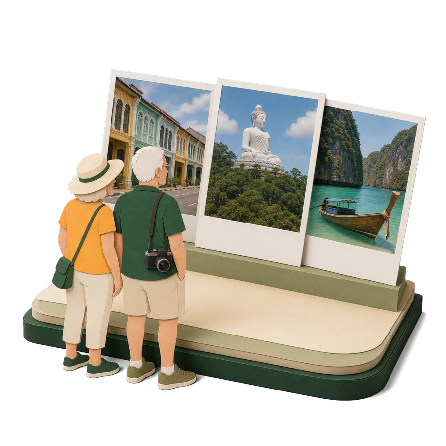 Retirees in Phuket look at photos of the old town shophouses, the hilltop Buddha and a longtail boat