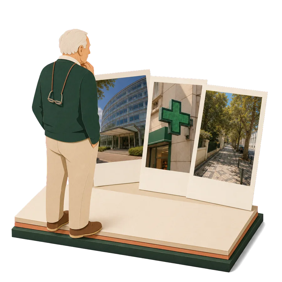 A retiree looks at photos of a private hospital in Lisbon and a pharmacy, for health care and insurance in Portugal