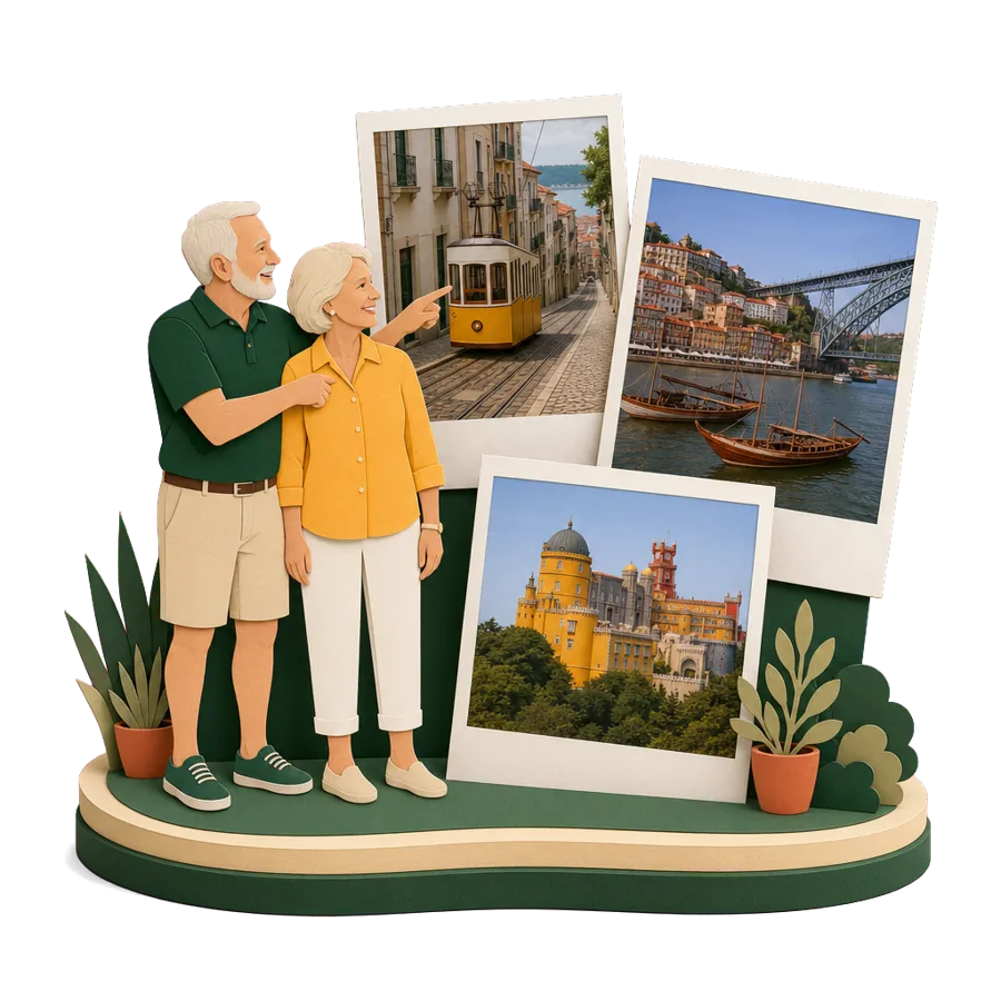 Retirees in Portugal look at photos of Lisbon's tram 28, the Porto riverfront and Pena Palace at Sintra