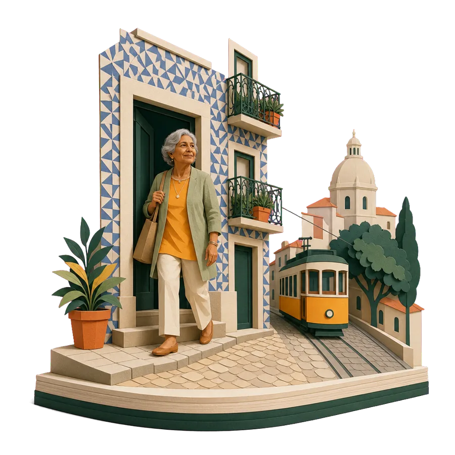 A retired woman steps out of a tiled townhouse on a cobbled street, for where Australians live in Portugal