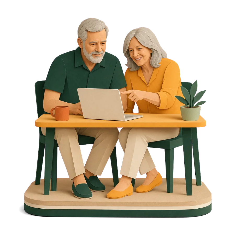 A couple in their 60s look at a laptop together, she pointing at the screen, for weighing up countries before deciding