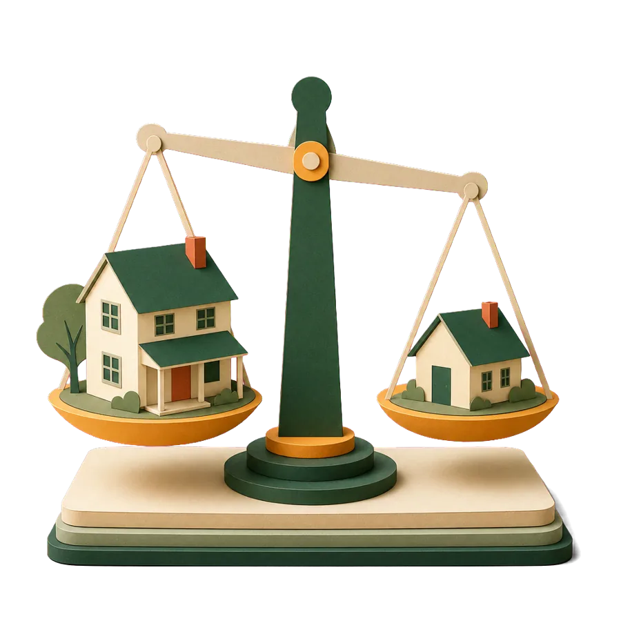 Paper scales with a family house on one side and a smaller cottage on the other, for selling up and buying modestly