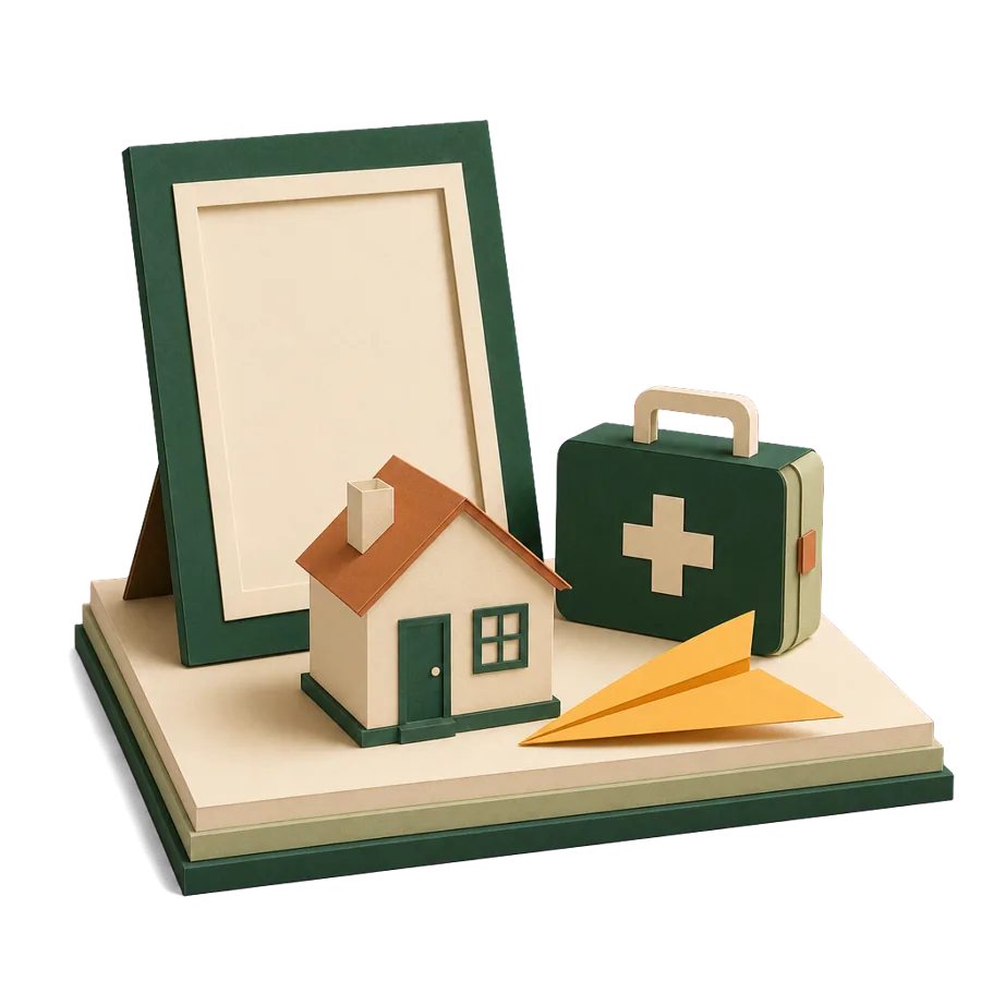 An empty photo frame, a small first aid kit and a paper plane, for worries about family and health care overseas