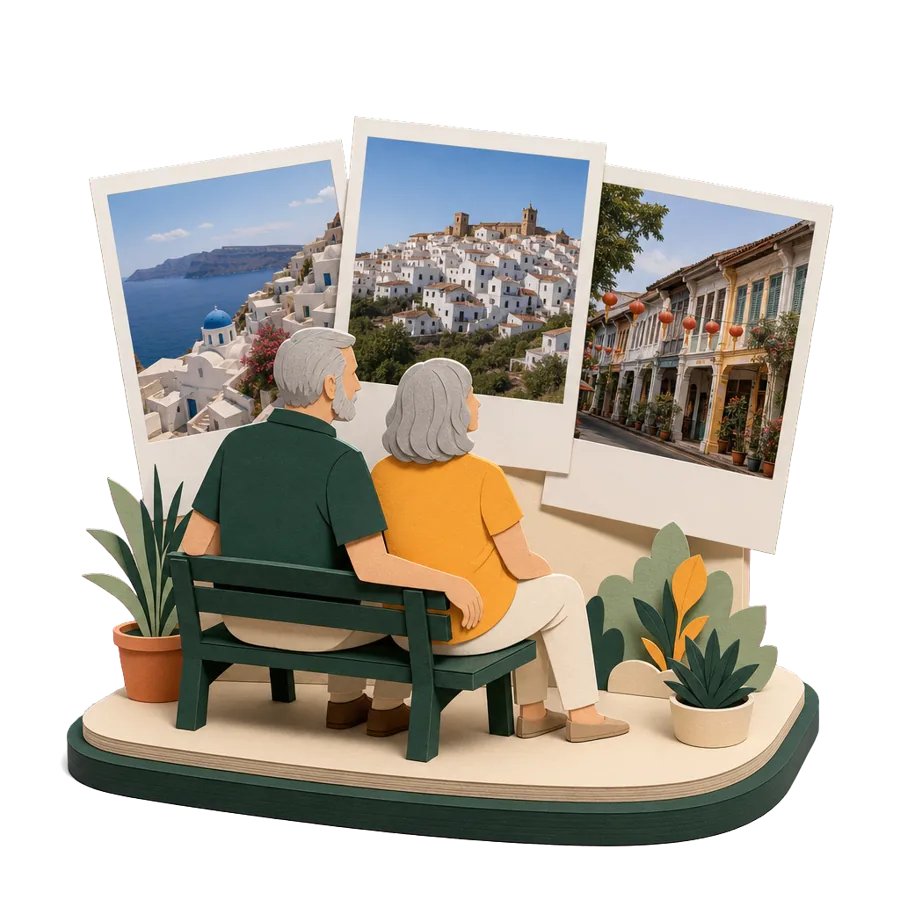 A couple in their 60s look at photos of a Greek village, a Spanish hill town and a Malaysian shophouse street