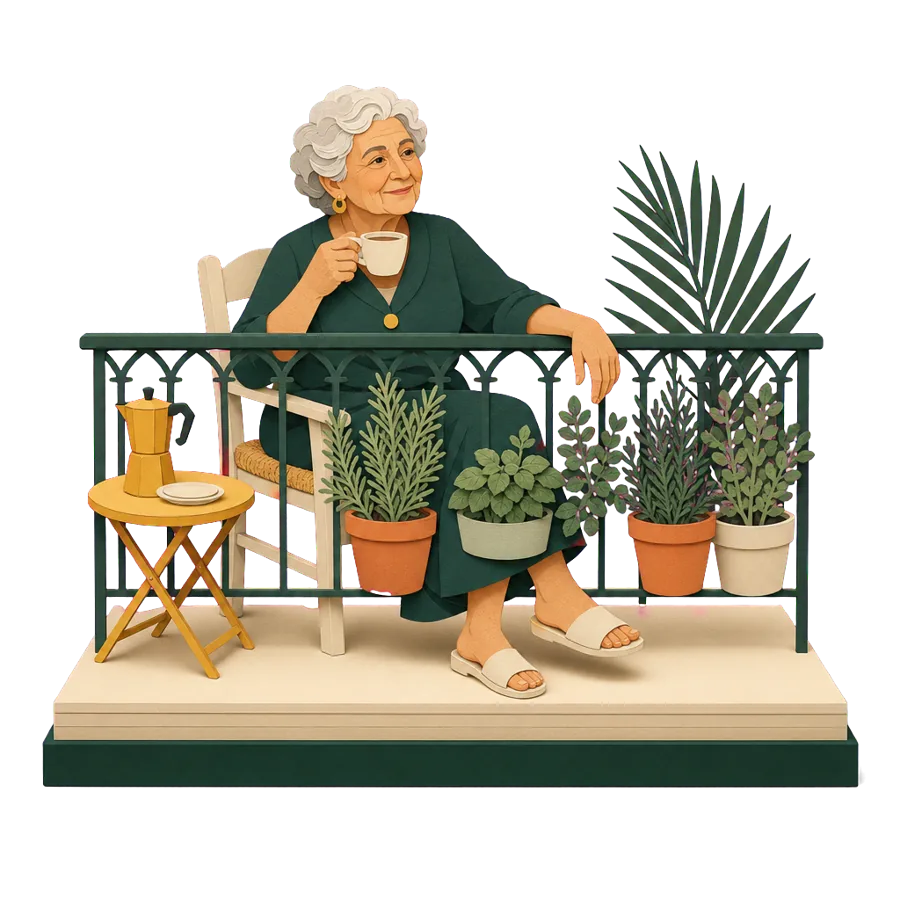A woman in her early 70s on the balcony of her rented flat, thinking about retiring overseas as a renter