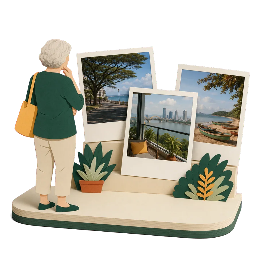 A woman in her early 70s looking at photos of the Philippines, Da Nang and Penang, a renter weighing a move overseas